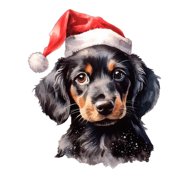 Cara de cachorro de Natal bonito em ilustração isolada de aquarela de boné vermelho IA generativa