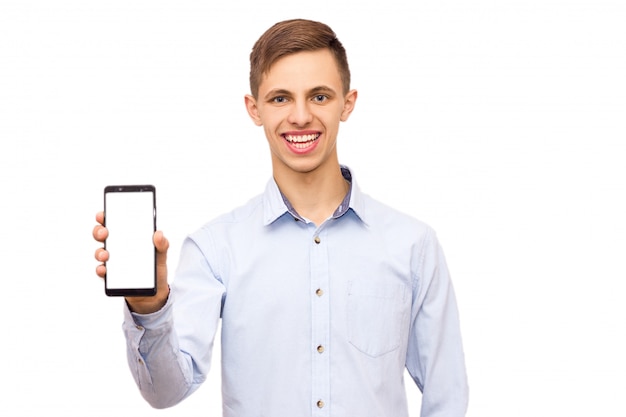 Cara de camisa anuncia telefone, isolar, homem emocional