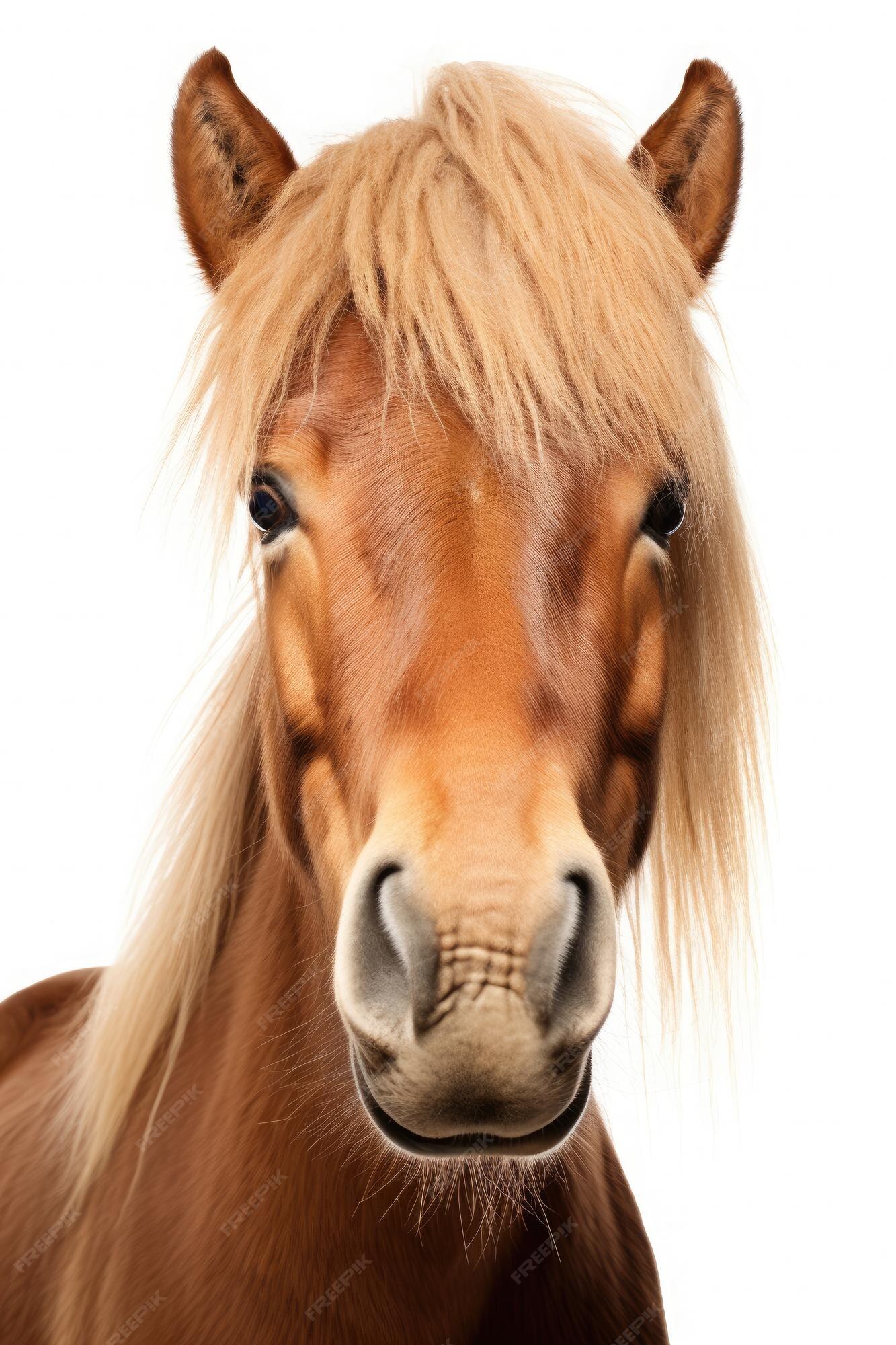 Close-up de um rosto de cavalo, frente da cabeça do cavalo marrom em fundo  branco isolado