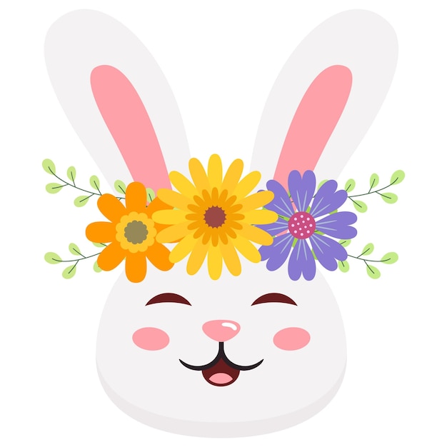 Cara de coelho bonito com flores em estilo plano de desenho animado isolado em fundo branco