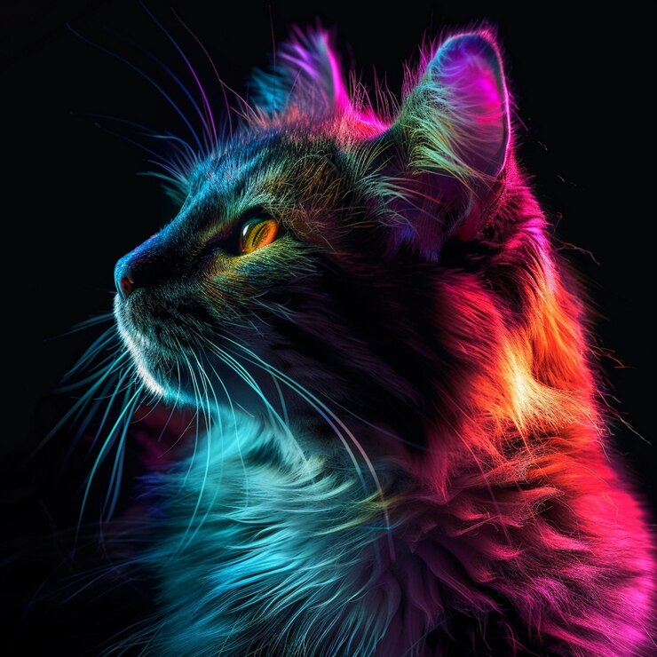 Foto cara de gato bonito de néon com fundo preto ai gerou arte