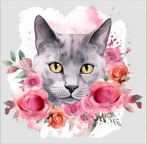 Cara de gato com ilustração de flor IA generativa