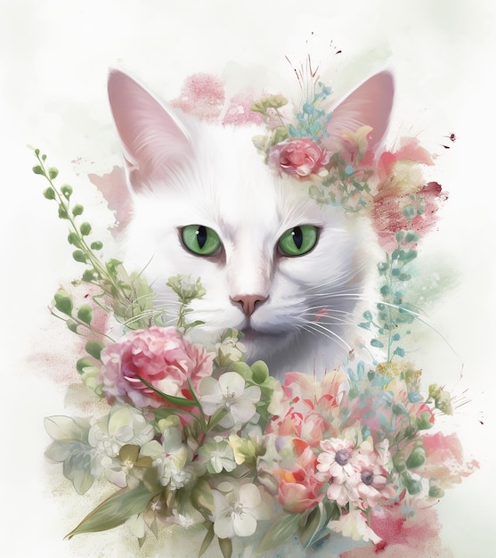 Cara de gato com ilustração de flor IA generativa