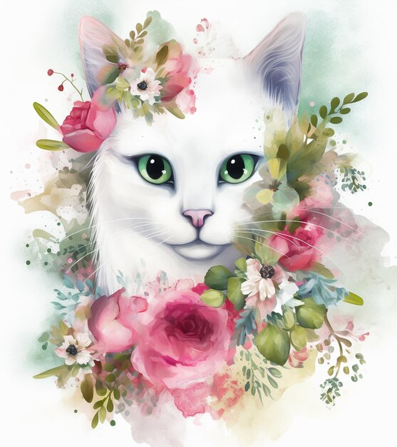 Cara de gato com ilustração de flor IA generativa