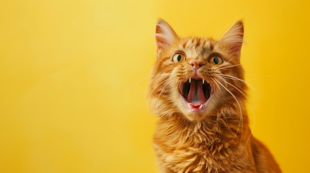 Foto cara de gato vermelho engraçado isolado em miado amarelo e com a boca amplamente aberta retrato de animal de estimação vermelho