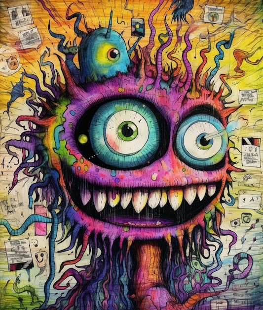 Cara de monstro colorido de graffiti em ilustração de fantasia de fundo grunge