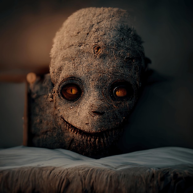 Cara de monstro fofo assustador sorrindo e deitado na cama olhando para a câmera