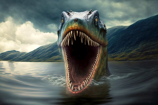 Cara con dientes del monstruo del lago Ness de la leyenda de Gran Bretaña