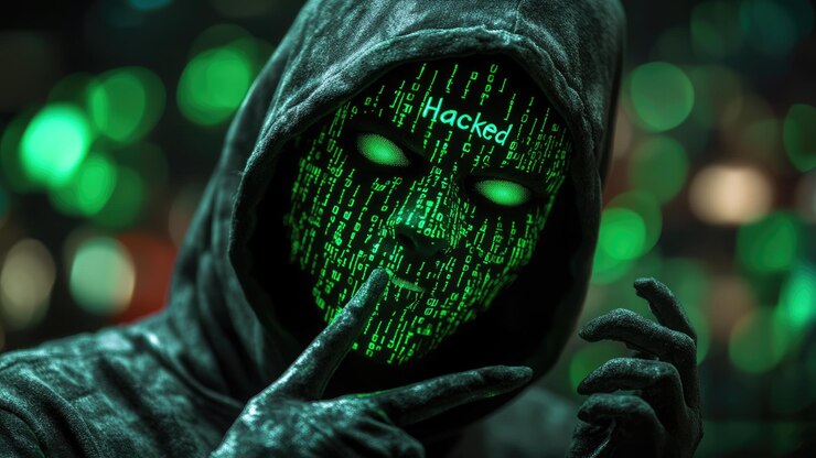 Foto cara digital con ojos hackeados y código matrixlike