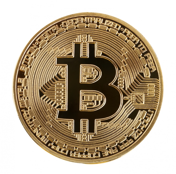 Foto cara do bitcoin de moeda criptografia dourado isolado na parede branca