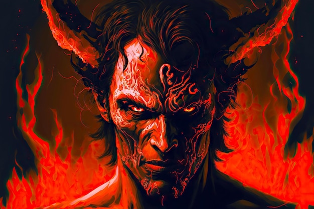 Cara do diabo com chifres em fogo vermelho com mau-olhado