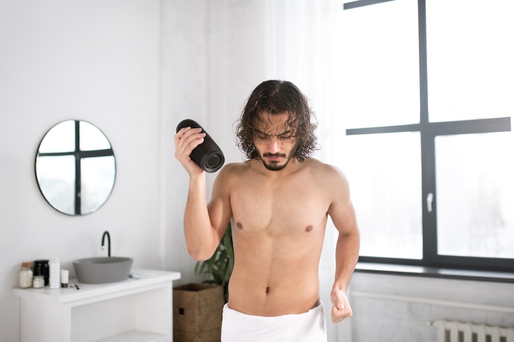 Foto cara enérgico com toalha branca na cintura e alto-falante portátil sem fio bluetooth dançando no banheiro