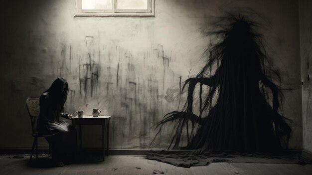 Foto cara espeluznante una naturaleza muerta inquietante en una habitación oscura