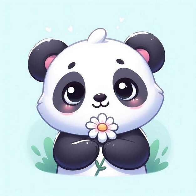 Foto cara feliz preto branco panda urso bebê animal comendo bambu adesivo de desenho animado ilustração vetorial