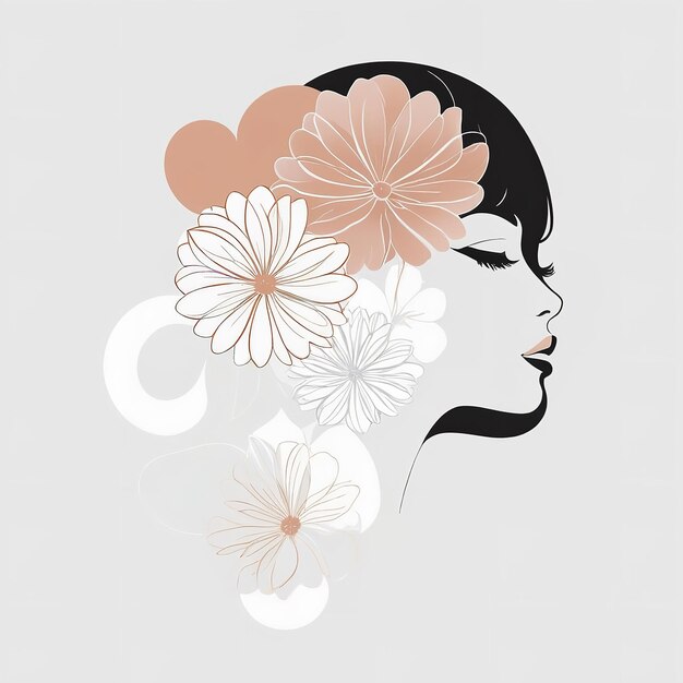 Foto cara femenina abstracta en una línea cara de mujer con flores arte de línea surrealista niña floral femenina