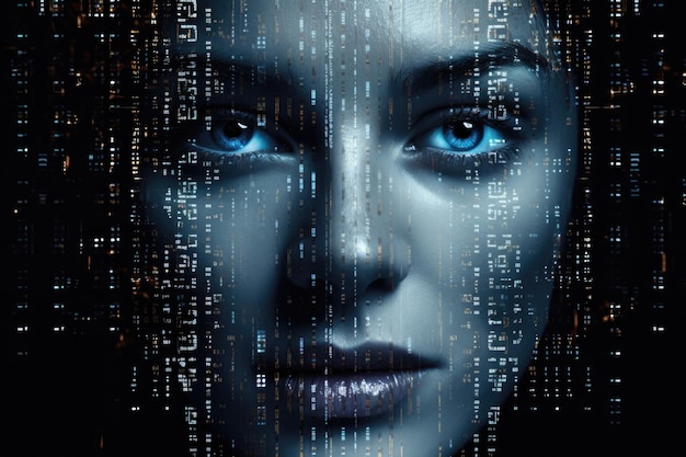 Cara femenina con números digitales de matriz inteligencia artificial tema de IA con rostro humano El