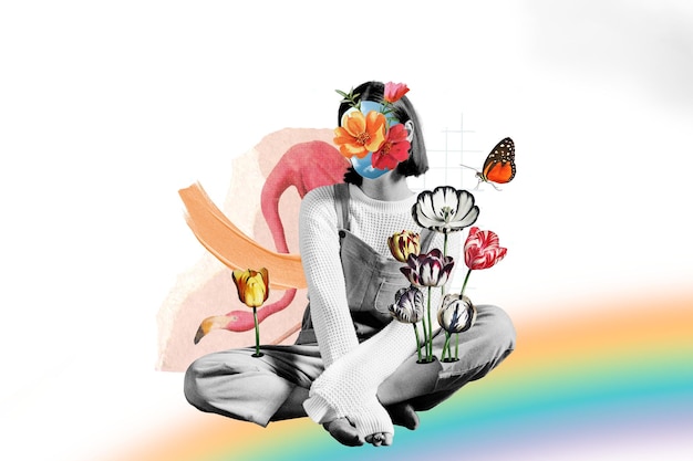Cara floral pegatina png arte de collage surrealista fondo transparente