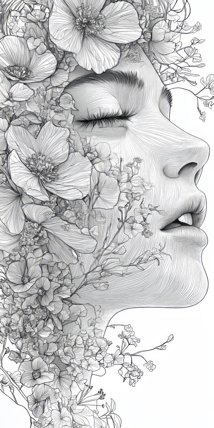 cara con flores dibujo de línea de alta definición fondo blanco 8k UHD sin textos caos 20 ar 12 calidad 2 estilizar 500 v 61 ID de trabajo aa9a08e194b34fce82d61d9f878e6a25