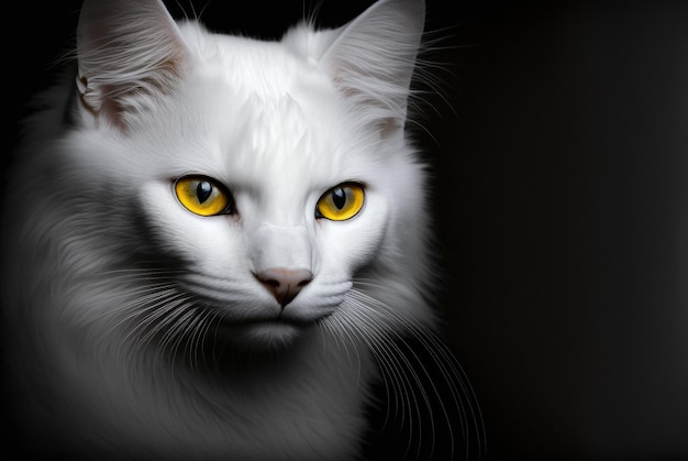 Cara de gato blanco con ojos amarillos en la oscuridad IA generativa