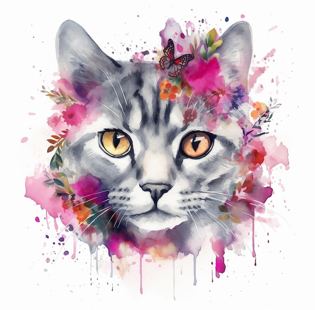 Cara de gato con ilustración de flores IA generativa