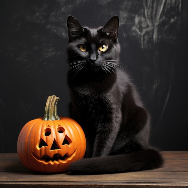 Cara de gato negro y calabaza.