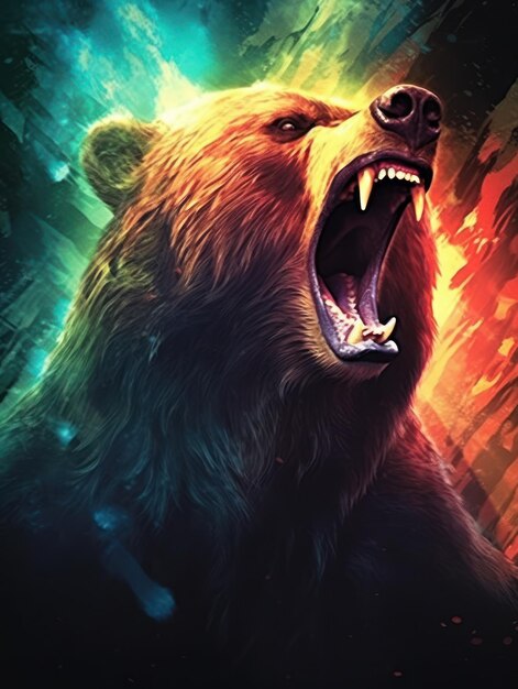 La cara de un grizzly enojado con la boca abierta Imprimir para camisetas AI generativa