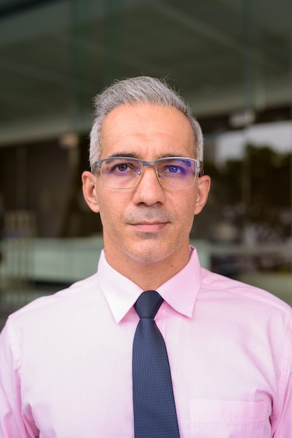 Cara de guapo empresario persa con cabello gris con anteojos fuera del edificio moderno