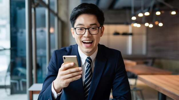 Cara hermosa y amistosa empresario asiático emocionado en traje formal su uso de teléfono inteligente