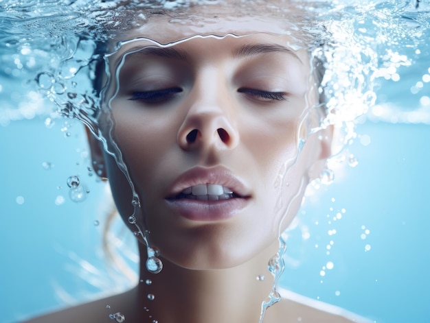 Cara de una hermosa chica en el fondo agua azul claro y una gota cayendo en el agua bene