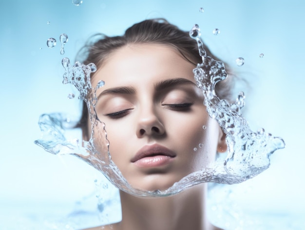 Cara de una hermosa chica en el fondo agua azul claro y una gota cayendo en el agua bene