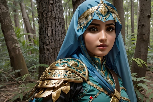 Cara hermosa mujer caballero árabe luchando contra el enemigo en el bosque