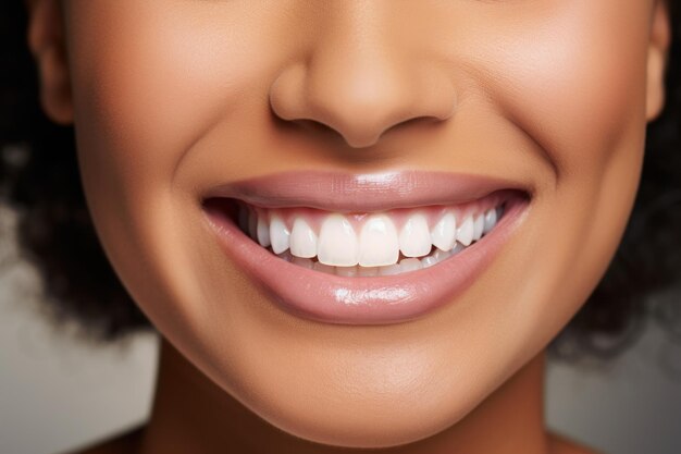 Cara de hermosa mujer de raza mixta sonriendo con dientes blancos