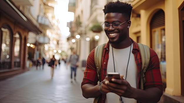 Cara hipster afro-americano positivo com dispositivos modernos andando em um centro histórico