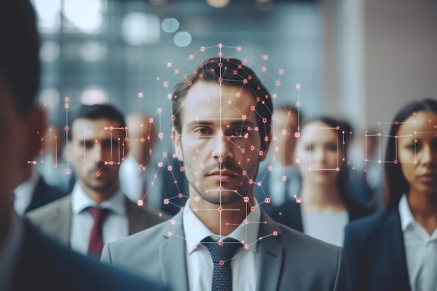 Cara de hombre de negocios de tecnología de reconocimiento facial detectada en multitud Escaneo de análisis de Big Data