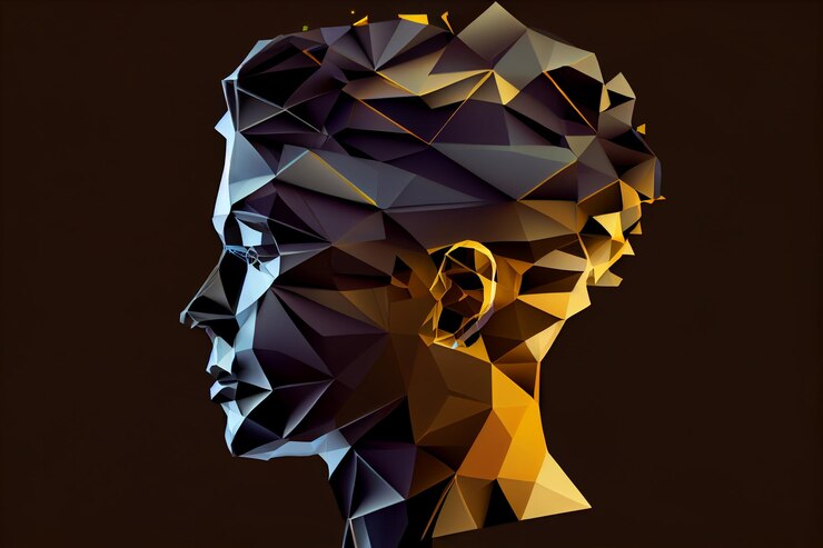 Cara de hombre poligonal abstracto sobre fondo oscuro ai generativo