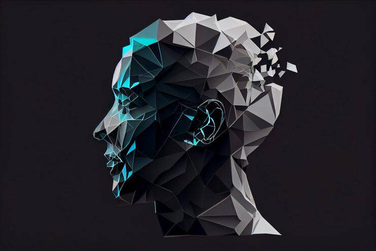 Cara de hombre poligonal abstracto sobre fondo oscuro ai generativo
