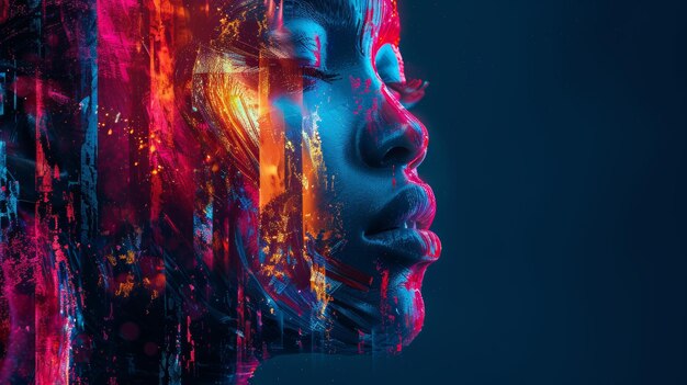 Cara humana futurista cortada en rebanadas de colores 3D digital en fondo oscuro concepto de IA Metaverse