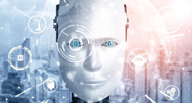 Cara humanoide de robot Mlp de cerca con el concepto gráfico de un cerebro pensante