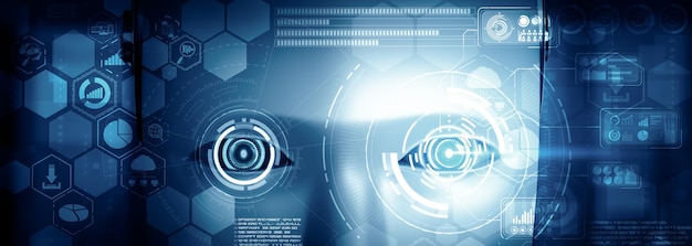 Cara humanoide del robot XAI de cerca con concepto gráfico de análisis de grandes datos