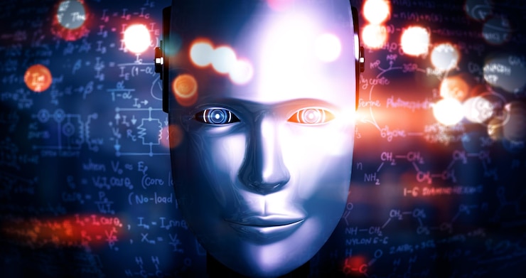 Foto cara humanoide robot xai de cerca con concepto gráfico de estudio de ciencias de la ingeniería