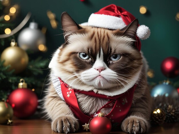 Foto cara irritada de um gato mal-humorado sentado em volta das decorações de natal