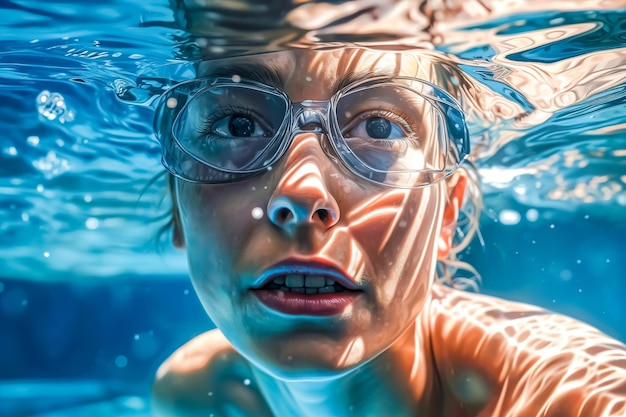 Cara de un joven con gafas acuáticas nadando bajo el agua en una piscina fotorrealista hecha con IA generativa