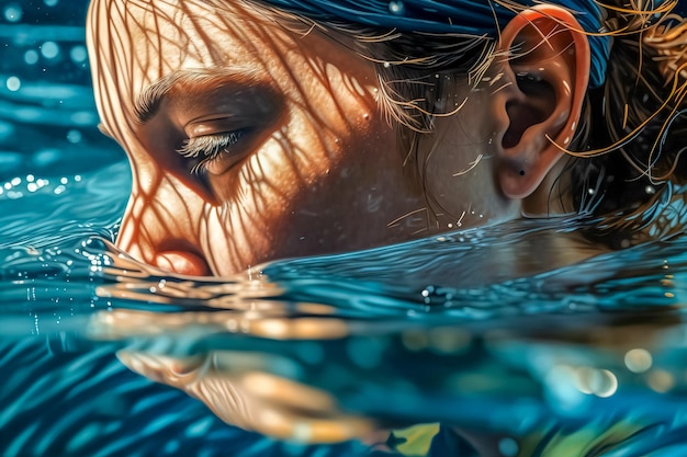 La cara de los jóvenes en el agua nadando en una piscina fotorrealista realizada con IA Generativa