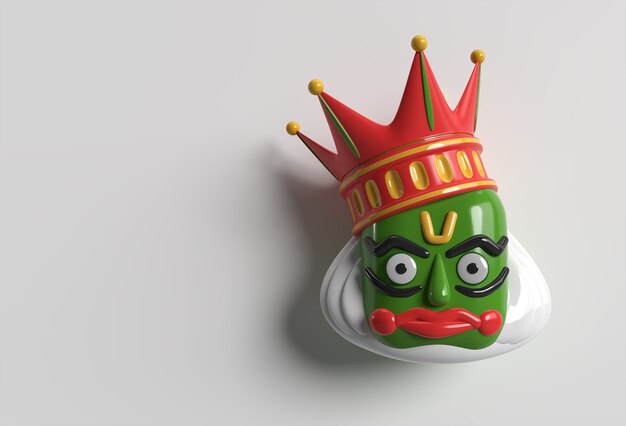 Cara de Kathakali con corona pesada decorada, ilustración de renderizado 3D.