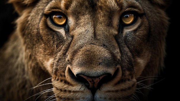 La cara de un león con un fondo negro.