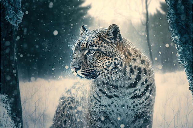 Cara de leopardo blanco en el depredador del bosque de invierno de nieve en el desierto