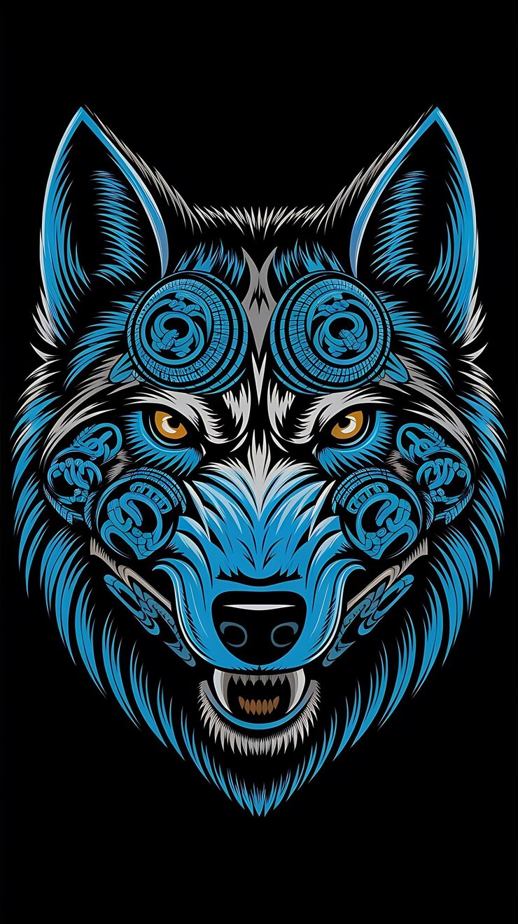 una cara de lobo malvado con muchos símbolos incas azules tatuados en su cara