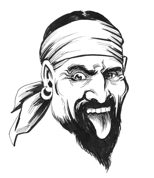 Cara louca de pirata com língua de fora. Desenho de tinta preto e branco