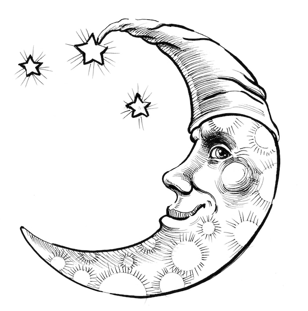 Cara de luna y estrellas. Dibujo a tinta en blanco y negro