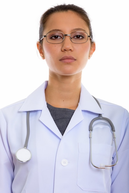 Foto cara de médico joven hermosa con anteojos